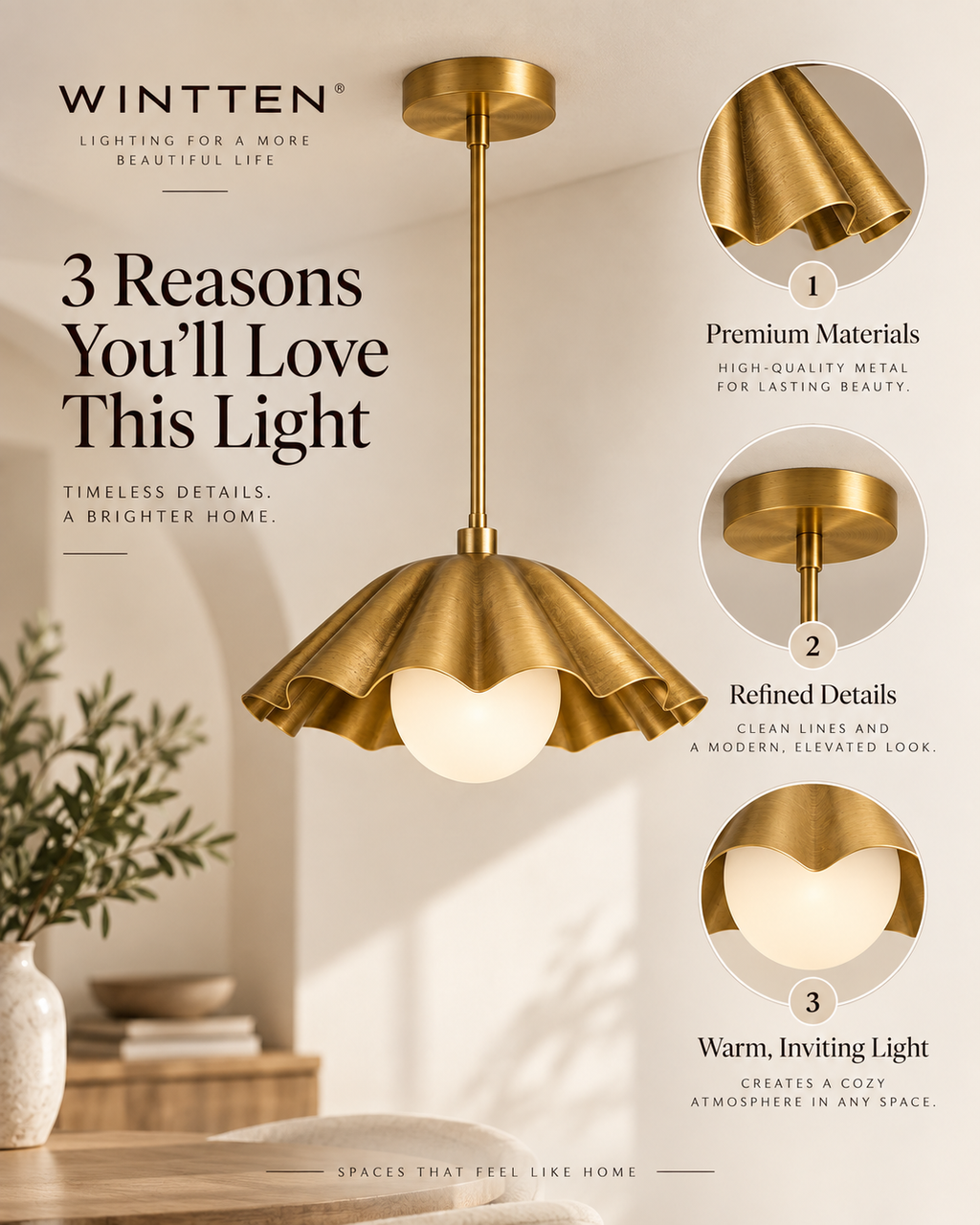 Brass Scalloped Pendant Light – Mid Century Modern Ceiling Fixture with Glass Globe