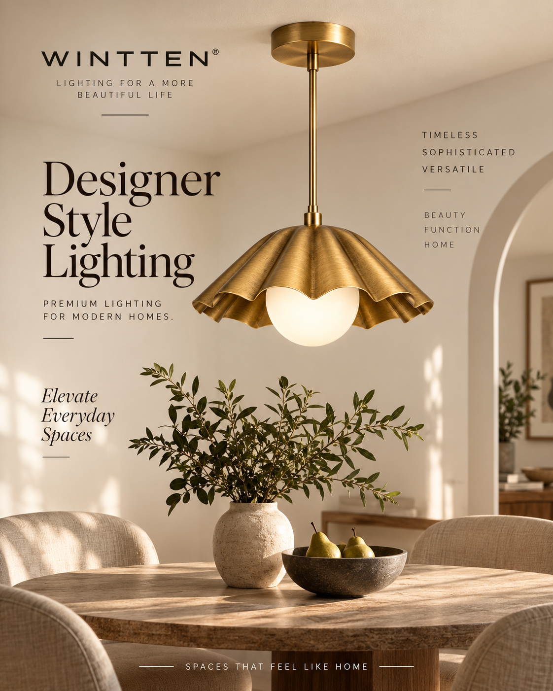 Brass Scalloped Pendant Light – Mid Century Modern Ceiling Fixture with Glass Globe