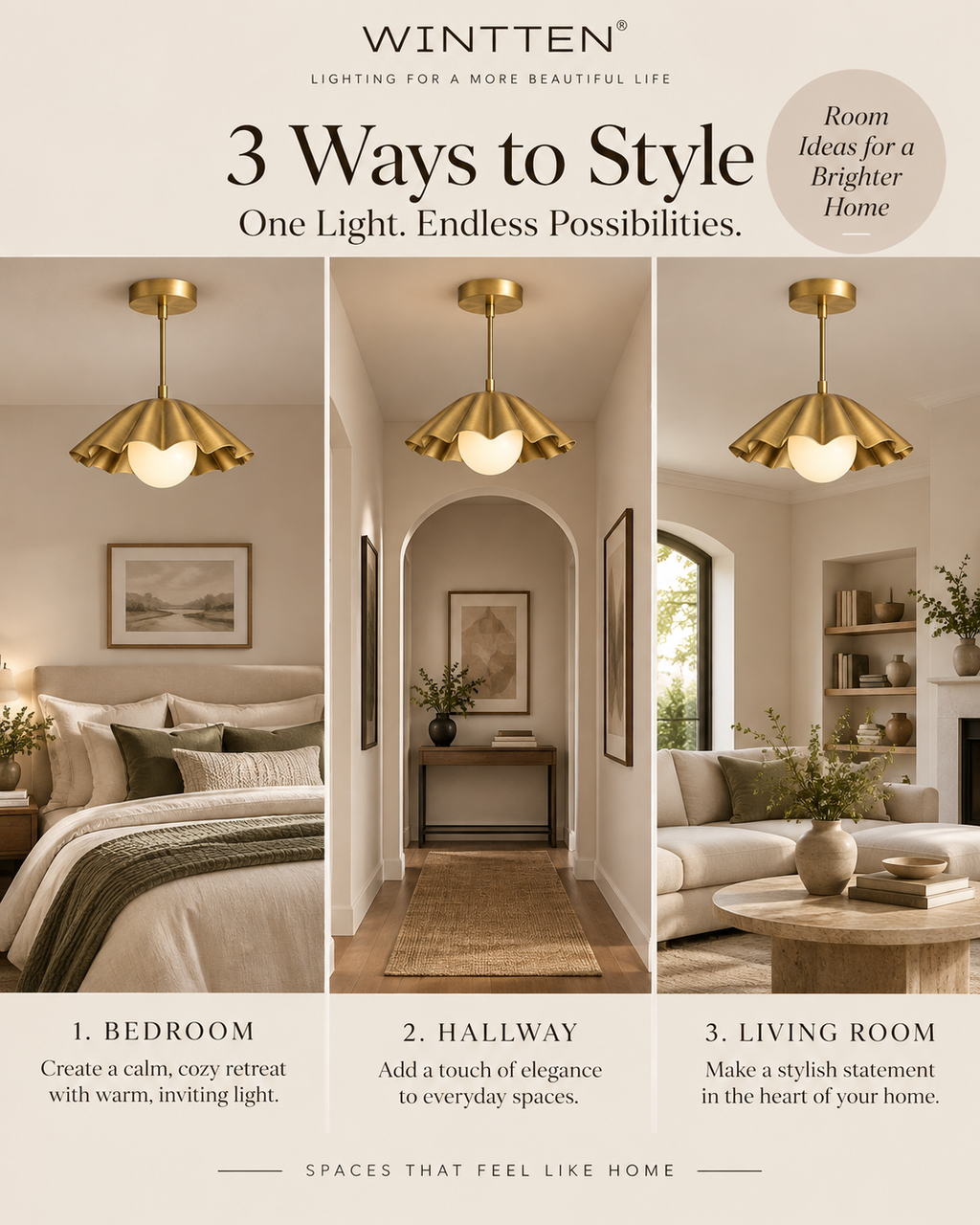 Brass Scalloped Pendant Light – Mid Century Modern Ceiling Fixture with Glass Globe