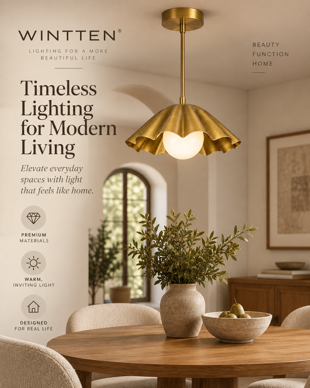 Brass Scalloped Pendant Light – Mid Century Modern Ceiling Fixture with Glass Globe