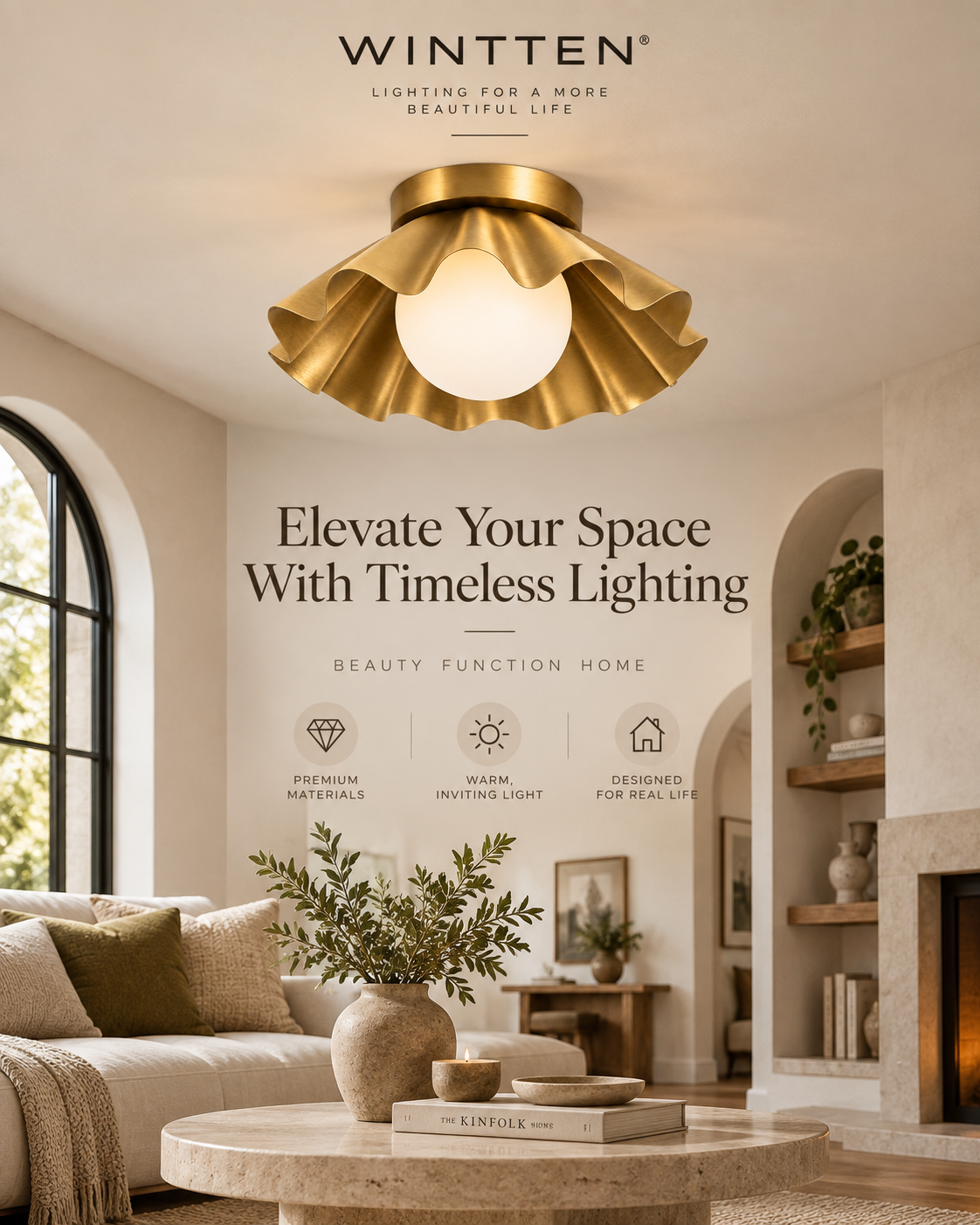 Scalloped Brass Flush Mount Ceiling Light – Mid Century Modern Ruffled Ceiling Fixture
