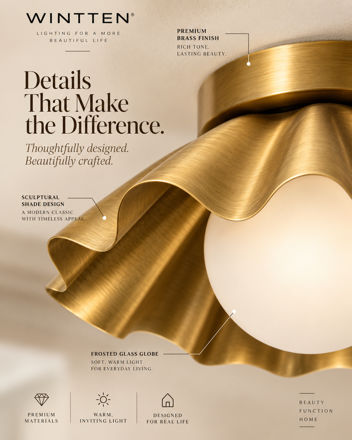 Scalloped Brass Flush Mount Ceiling Light – Mid Century Modern Ruffled Ceiling Fixture