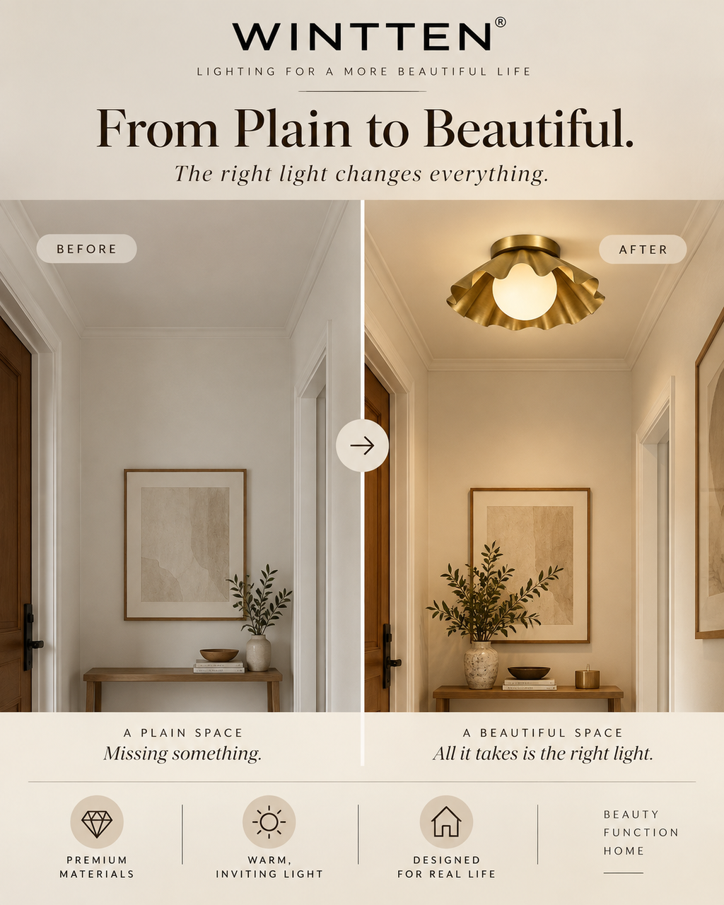 Scalloped Brass Flush Mount Ceiling Light – Mid Century Modern Ruffled Ceiling Fixture