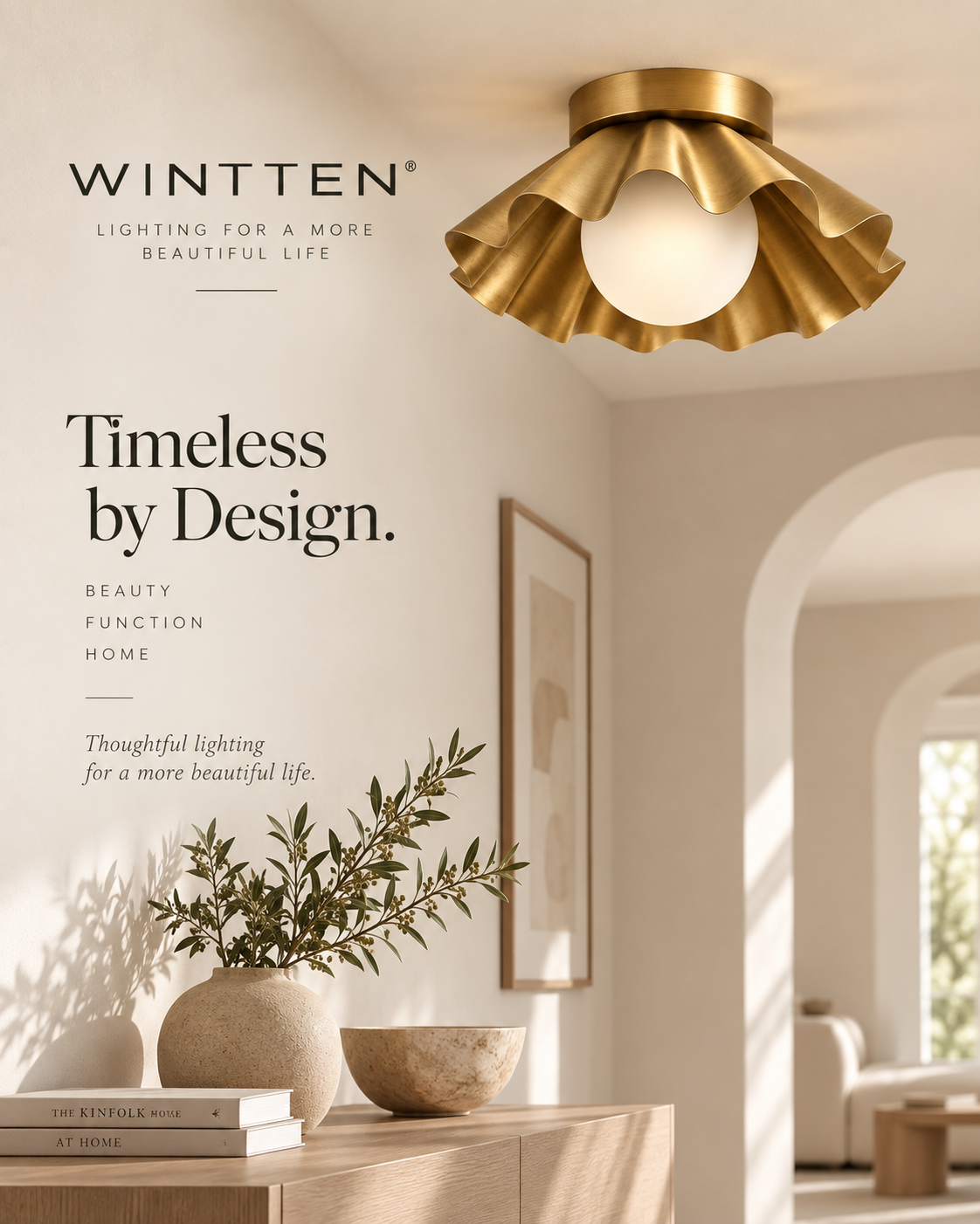 Scalloped Brass Flush Mount Ceiling Light – Mid Century Modern Ruffled Ceiling Fixture