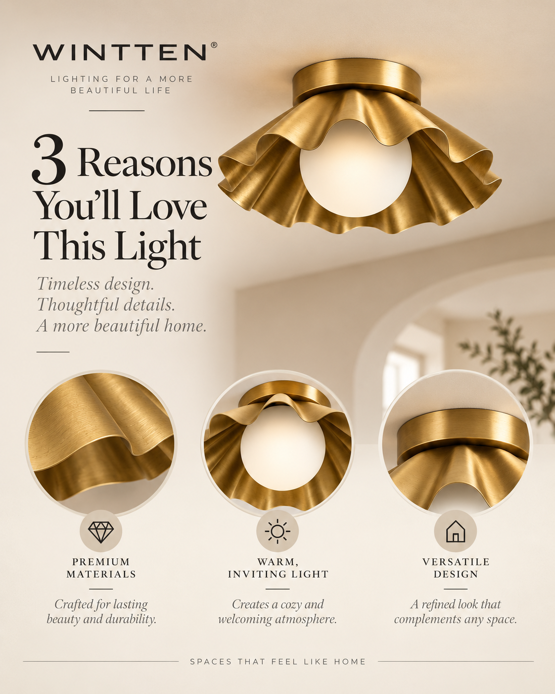 Scalloped Brass Flush Mount Ceiling Light – Mid Century Modern Ruffled Ceiling Fixture