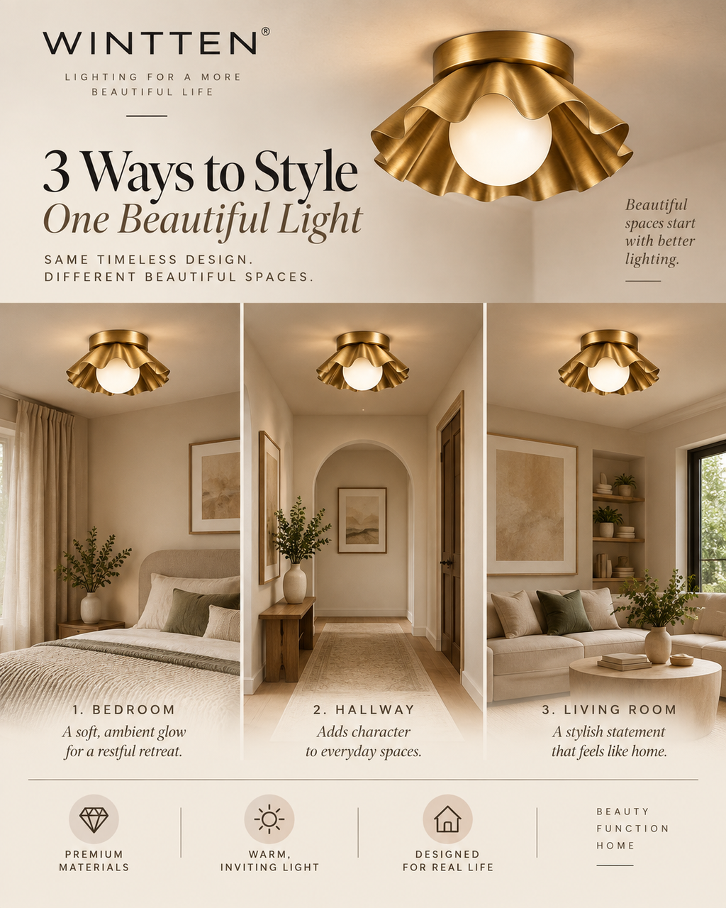 Scalloped Brass Flush Mount Ceiling Light – Mid Century Modern Ruffled Ceiling Fixture