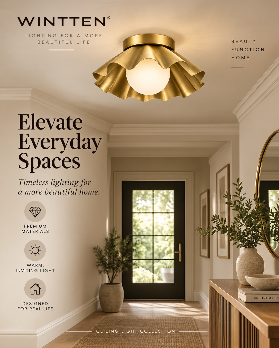 Scalloped Brass Flush Mount Ceiling Light – Mid Century Modern Ruffled Ceiling Fixture