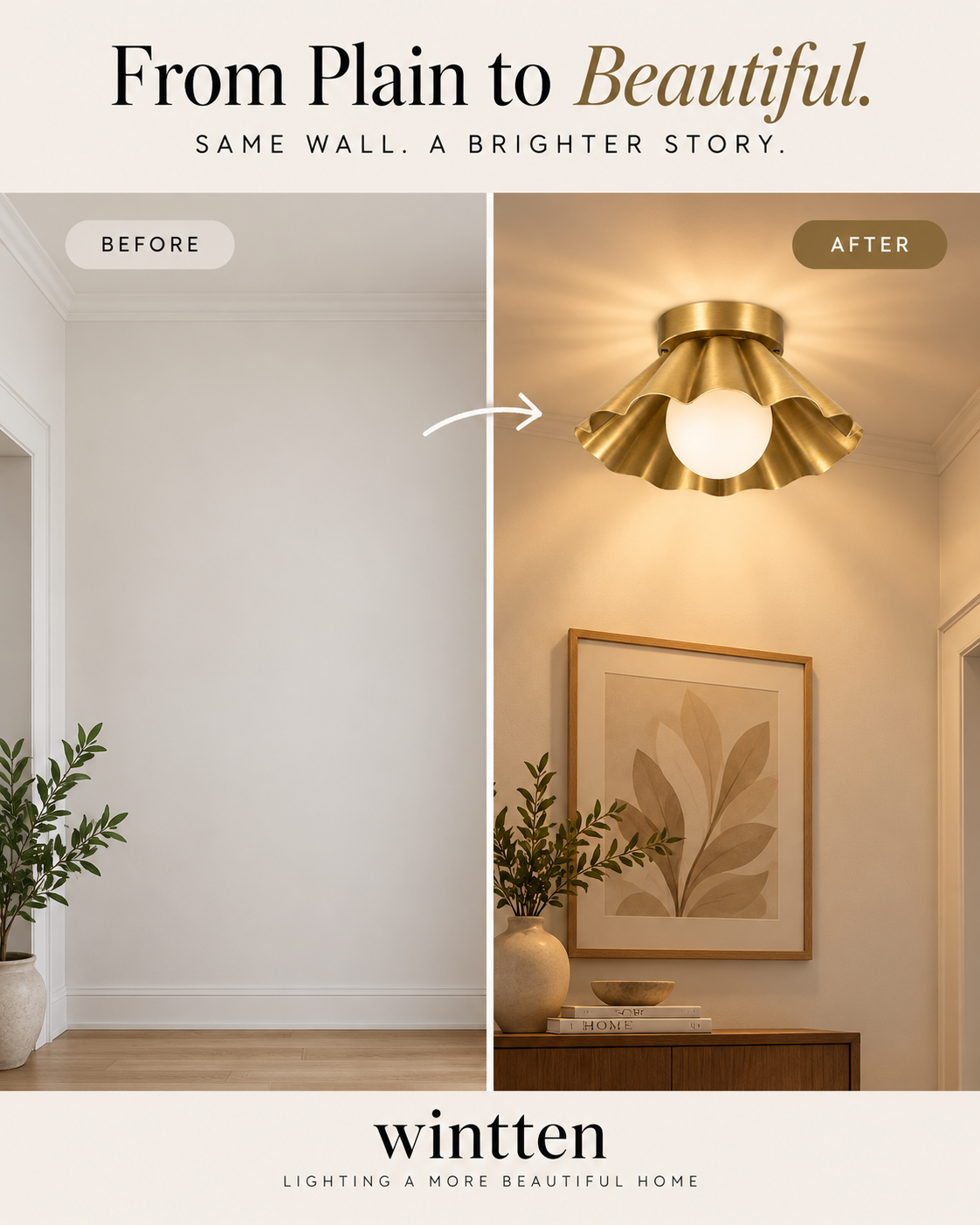 Scalloped Brass Flush Mount Ceiling Light – Mid Century Modern Ruffled Ceiling Fixture