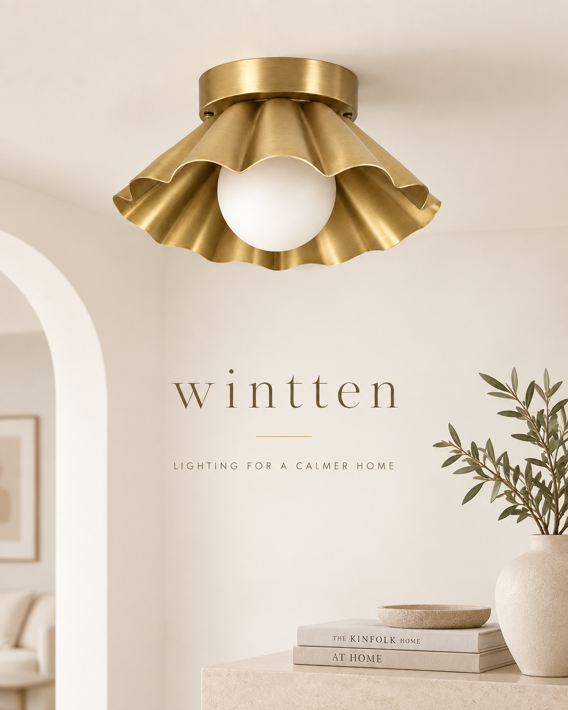 Scalloped Brass Flush Mount Ceiling Light – Mid Century Modern Ruffled Ceiling Fixture