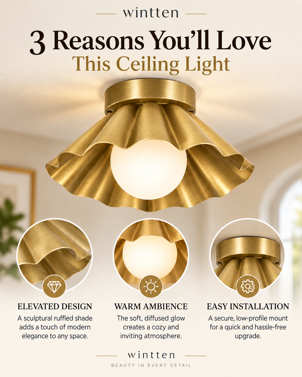 Scalloped Brass Flush Mount Ceiling Light – Mid Century Modern Ruffled Ceiling Fixture