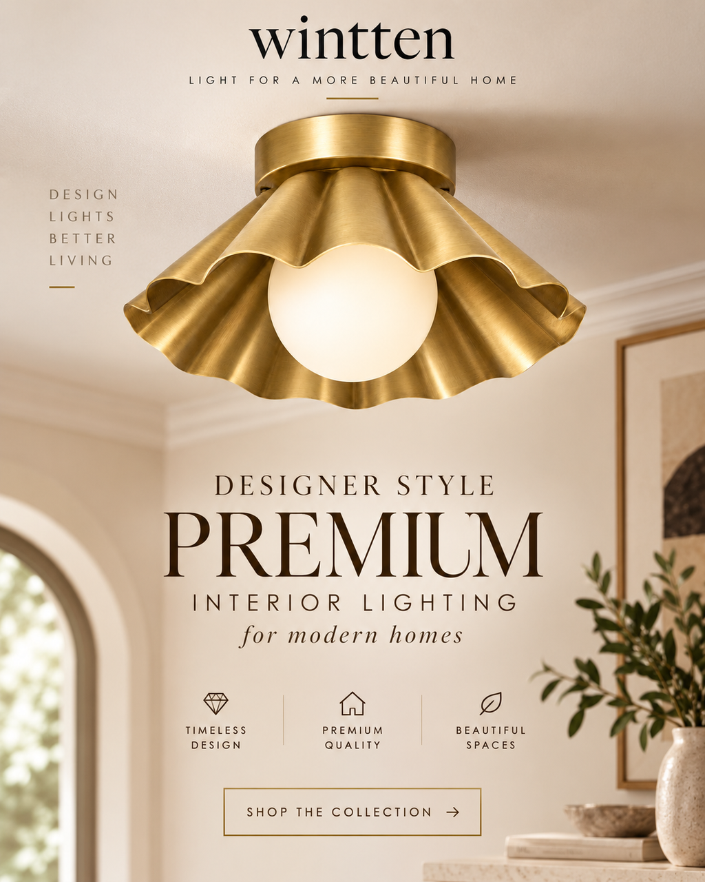 Scalloped Brass Flush Mount Ceiling Light – Mid Century Modern Ruffled Ceiling Fixture
