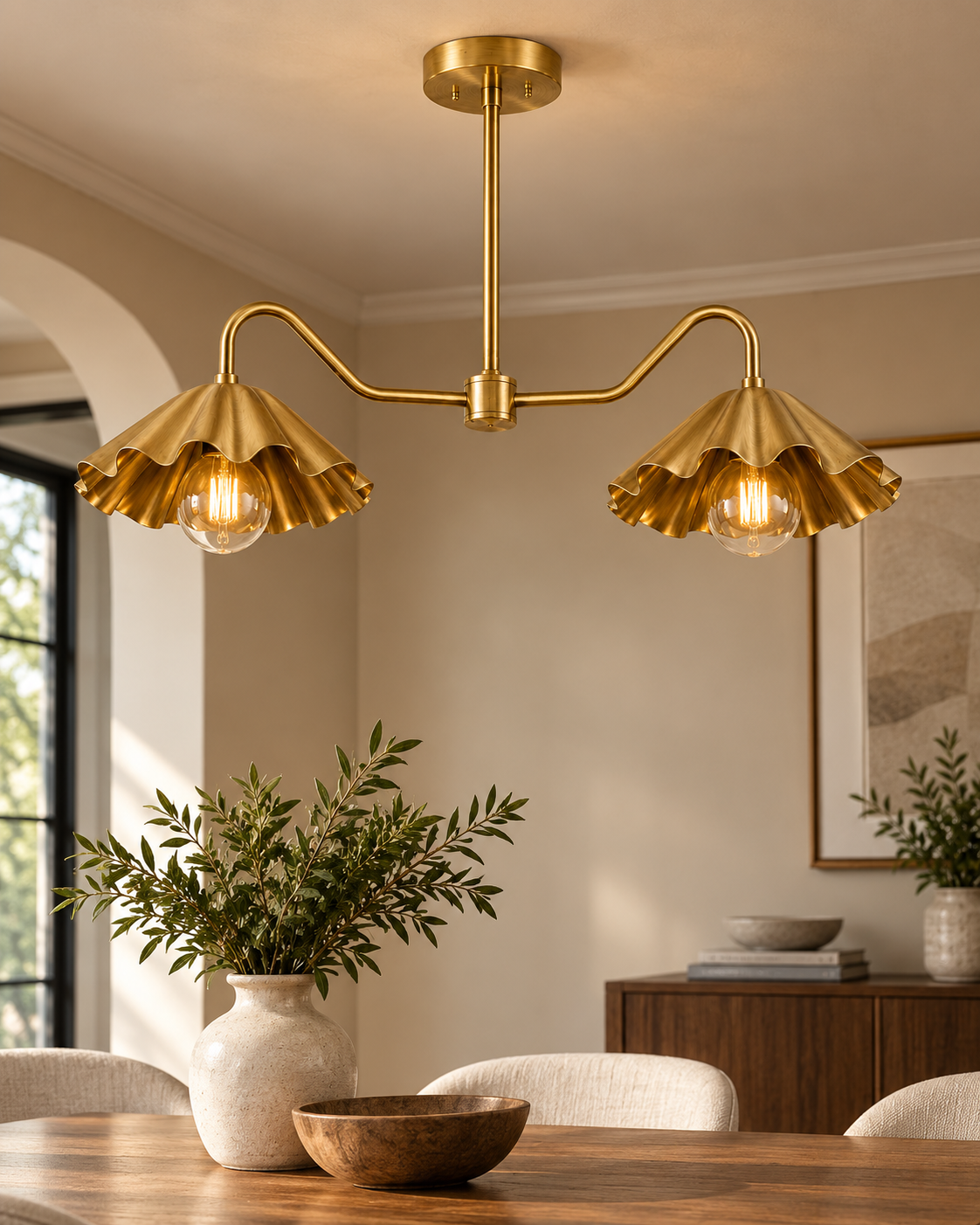 WINTTEN brass scalloped double-arm mid-century modern chandelier with fluted shades