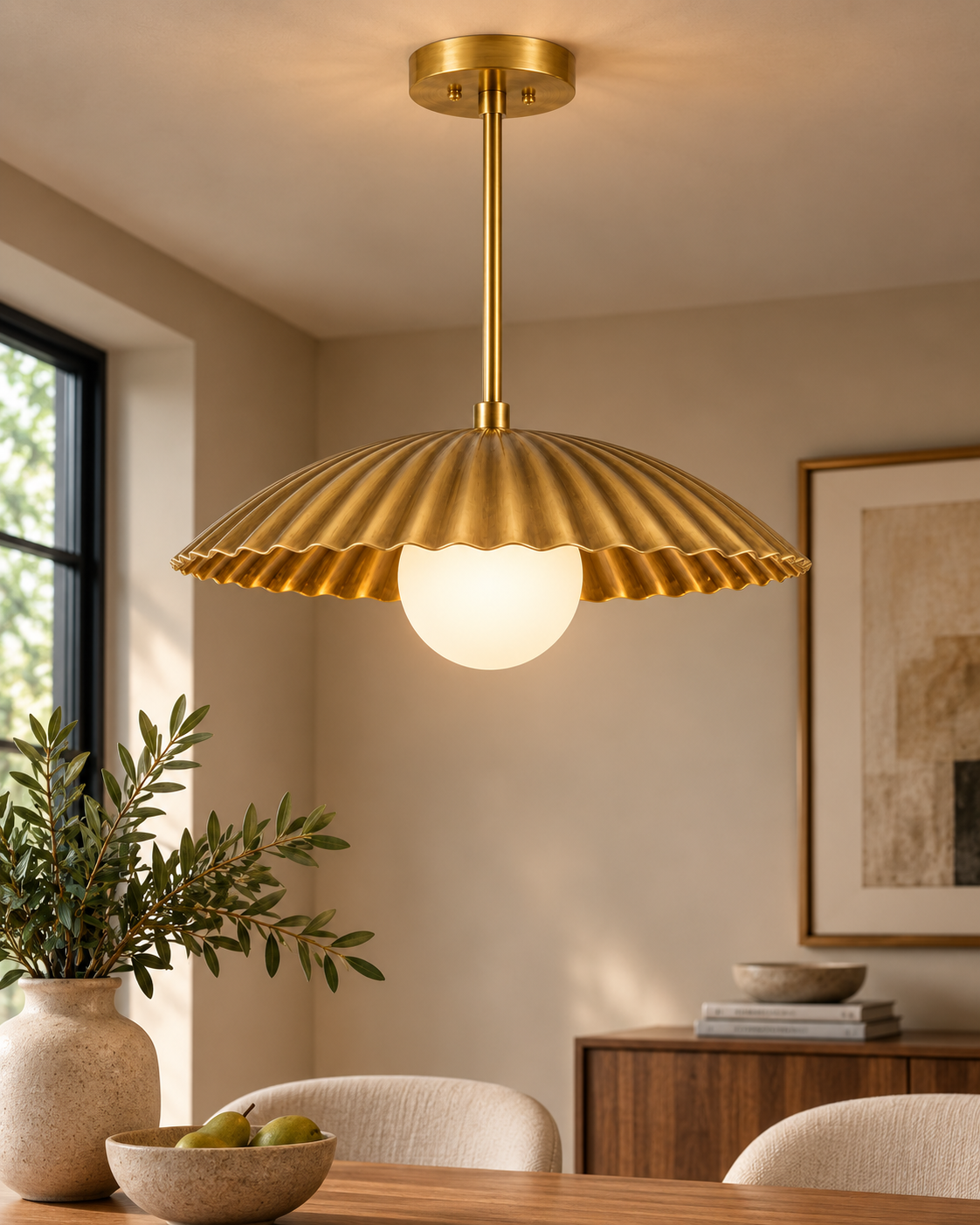 WINTTEN scalloped brass pendant chandelier with wide fluted shade and round glass globe