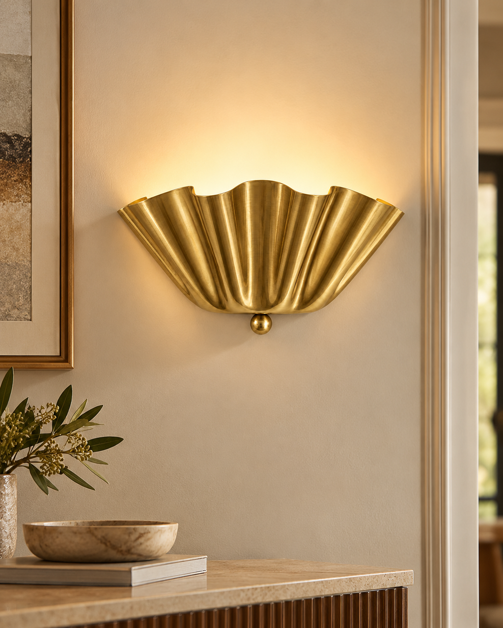 WINTTEN scalloped brushed brass wall sconce with fluted fan-shaped shade