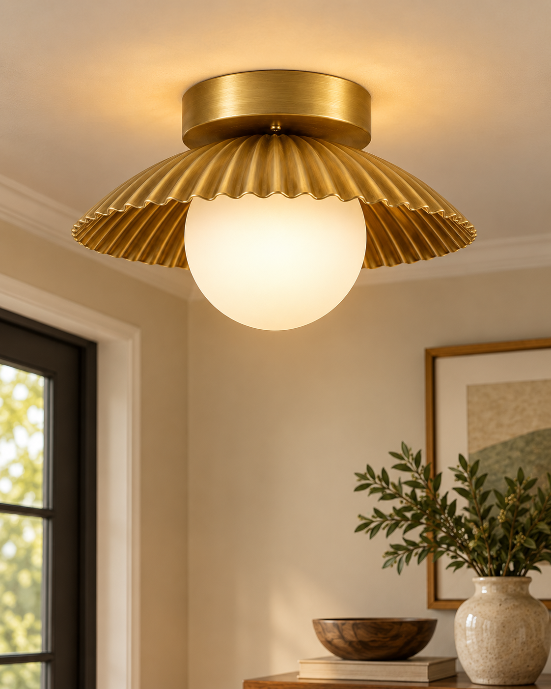 WINTTEN scalloped brushed brass flush mount ceiling light with glass globe