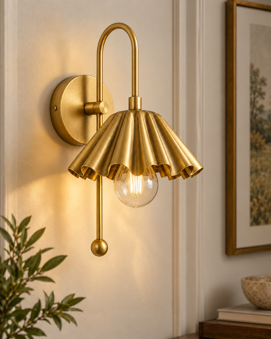 WINTTEN brass scalloped wall sconce with fluted shade and curved arm