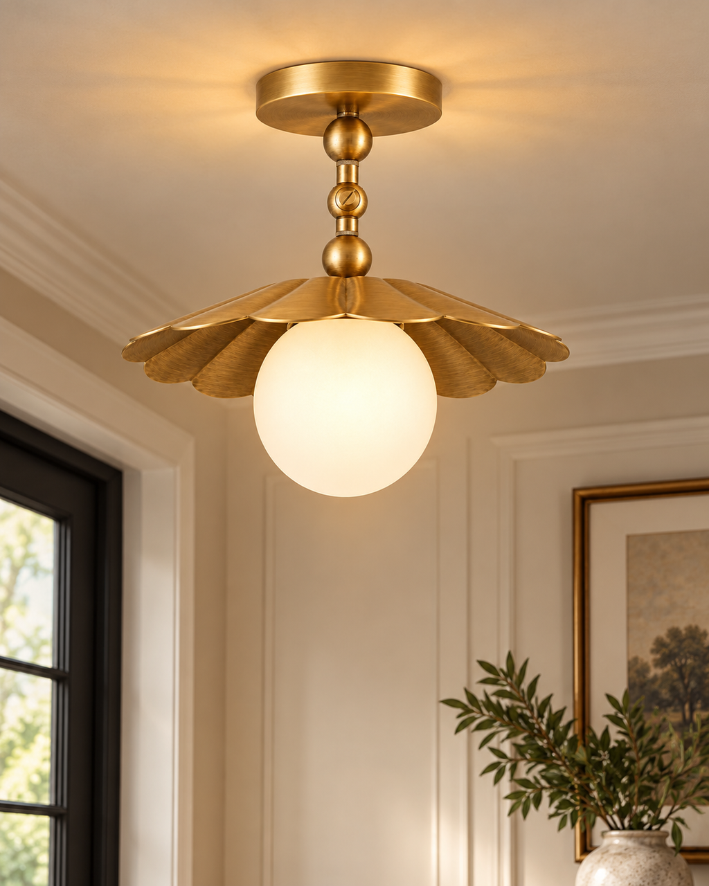 WINTTEN brass flower flush mount ceiling light with scalloped petal shade and glass globe