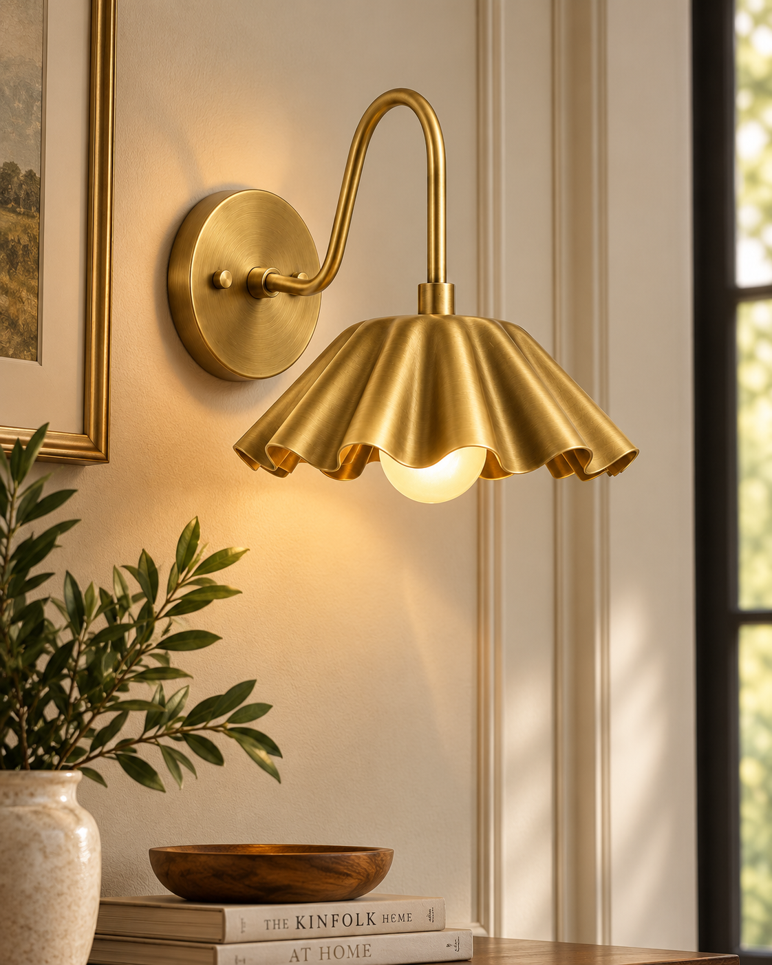 WINTTEN polished brass scalloped wall sconce with fluted shade and curved arm