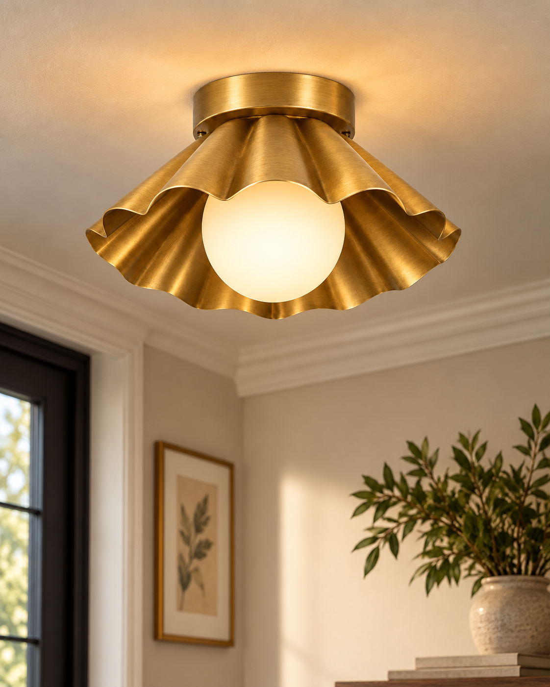 Mid century modern scalloped brass ceiling light