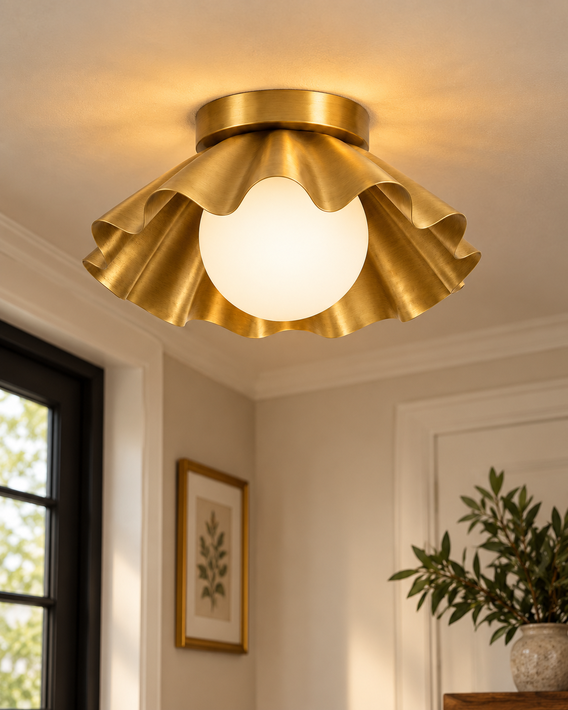 Brass semi flush mount ceiling fixture for bedroom