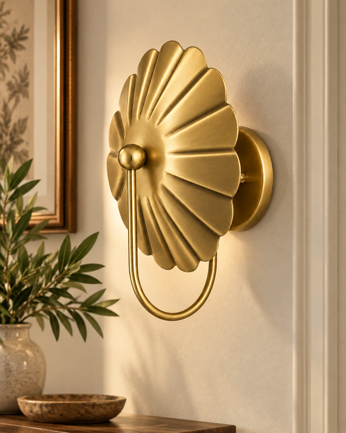 WINTTEN brass flower wall sconce with sculptural floral shade and curved arm