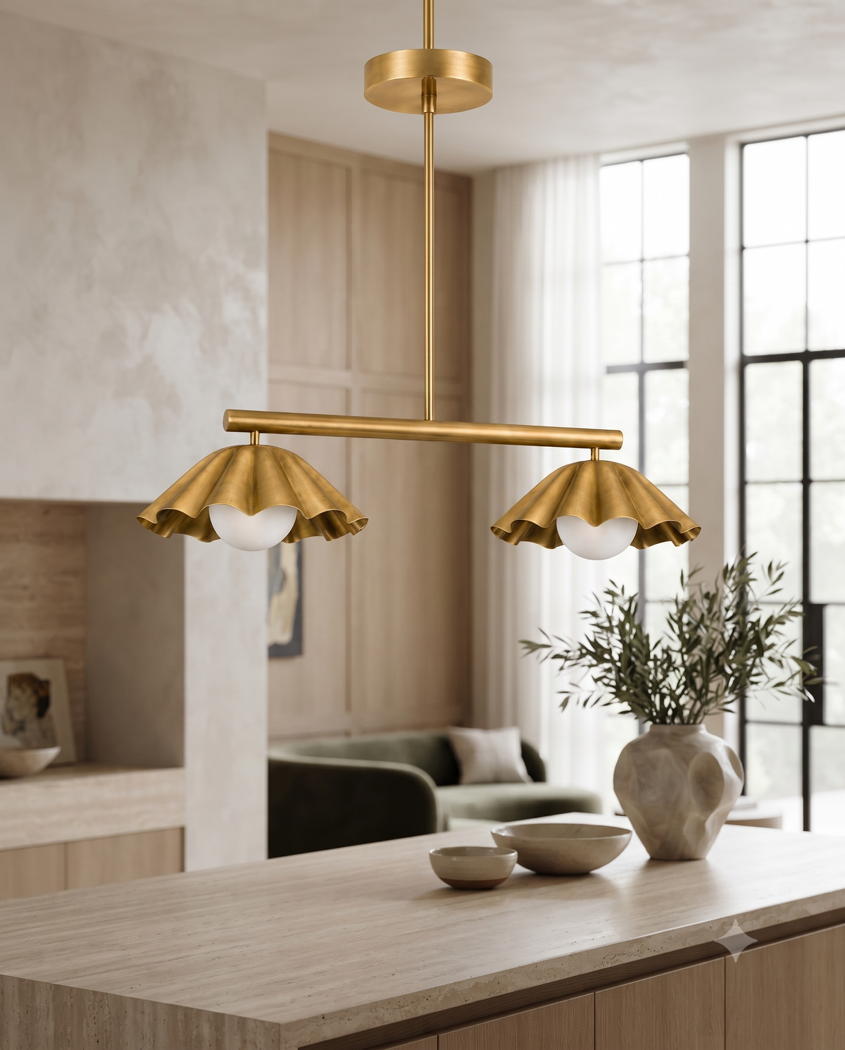 Scalloped Brass Linear Chandelier – Mid Century Modern 2-Light Pendant Fixture