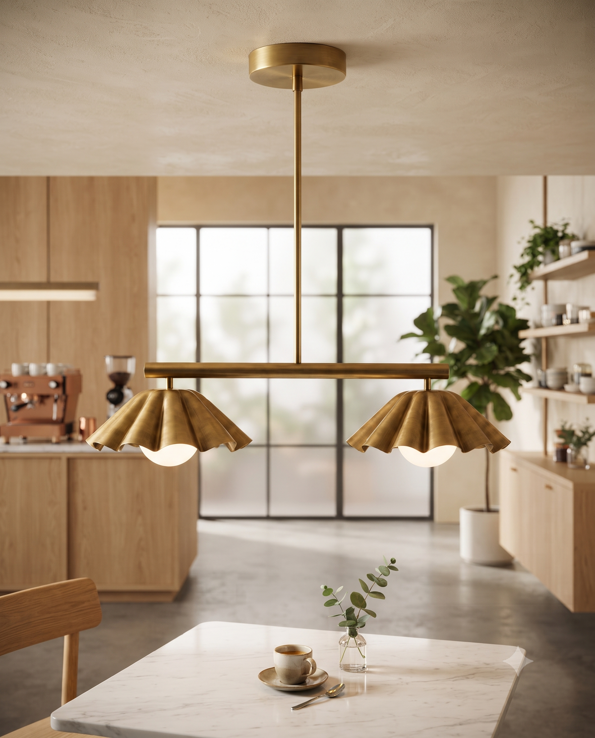 Scalloped Brass Linear Chandelier – Mid Century Modern 2-Light Pendant Fixture