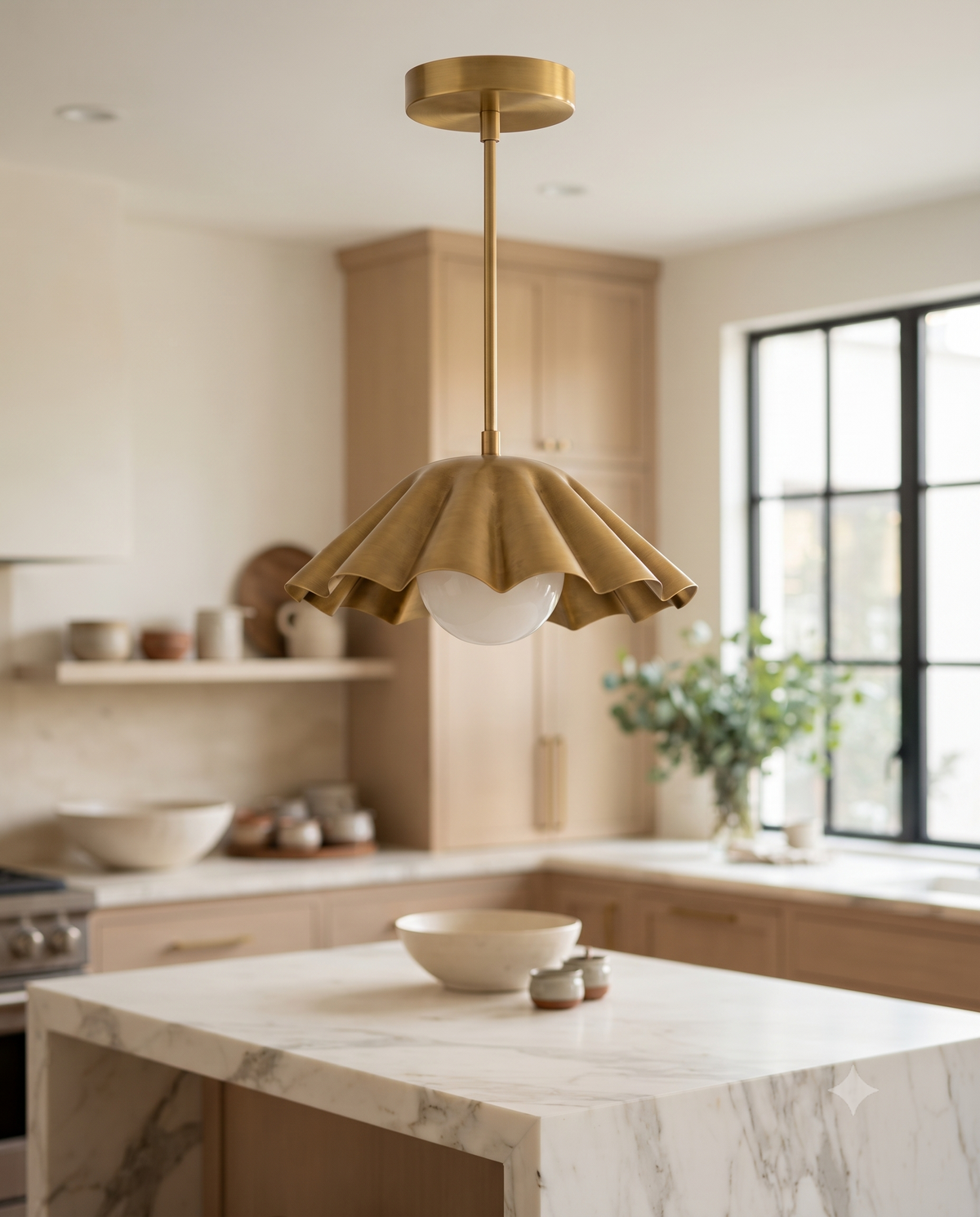 Brass Scalloped Pendant Light – Mid Century Modern Ceiling Fixture with Glass Globe