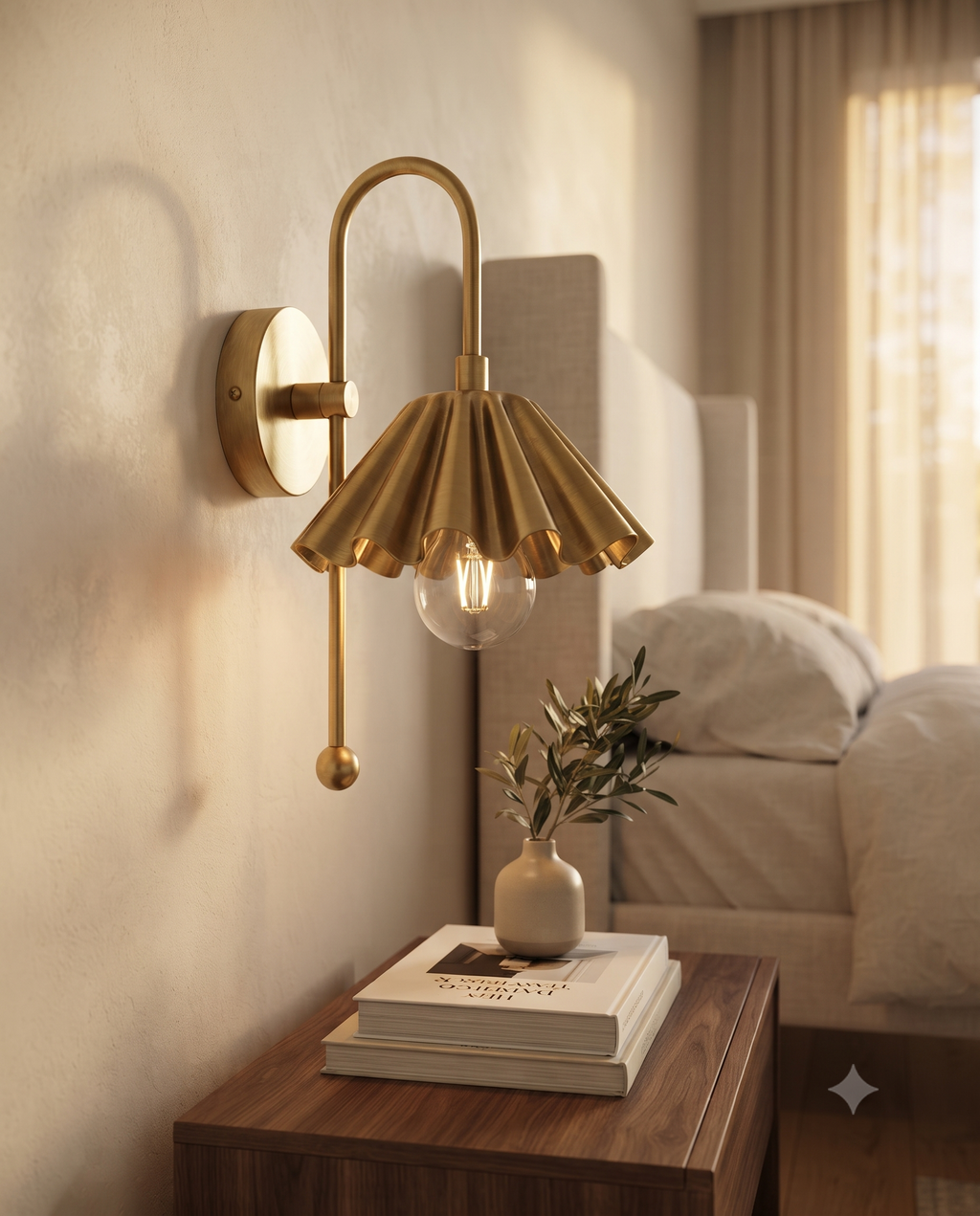 Brass Ruffled Wall Light Sconce – Mid Century Scalloped Wall Fixture