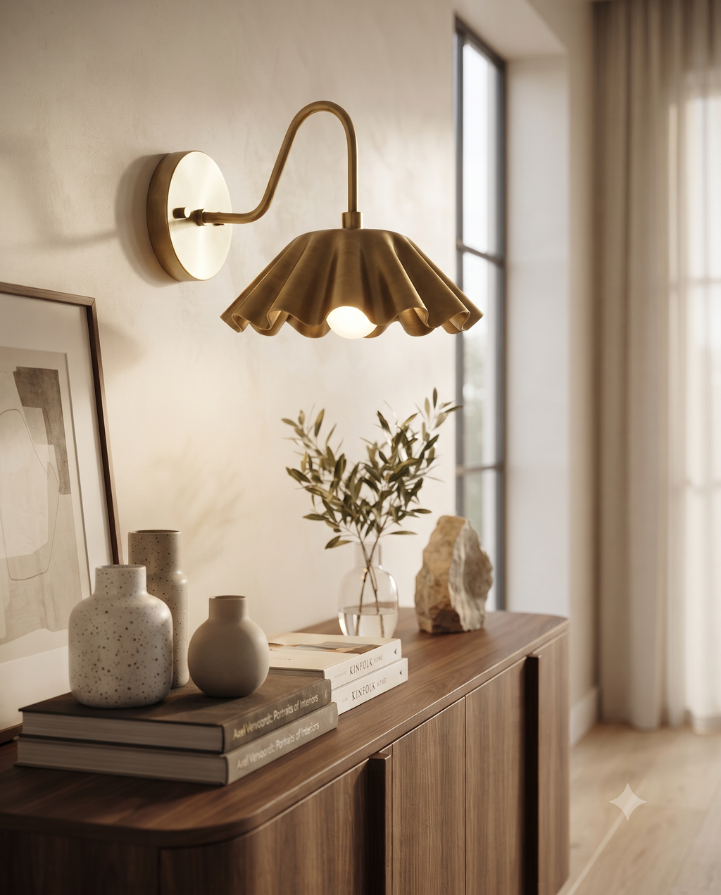 Brass Scalloped Wall Light Sconce – Mid Century Modern Fluted Wall Fixture