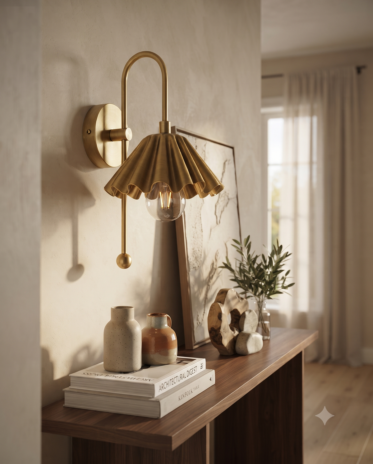 Brass Ruffled Wall Light Sconce – Mid Century Scalloped Wall Fixture