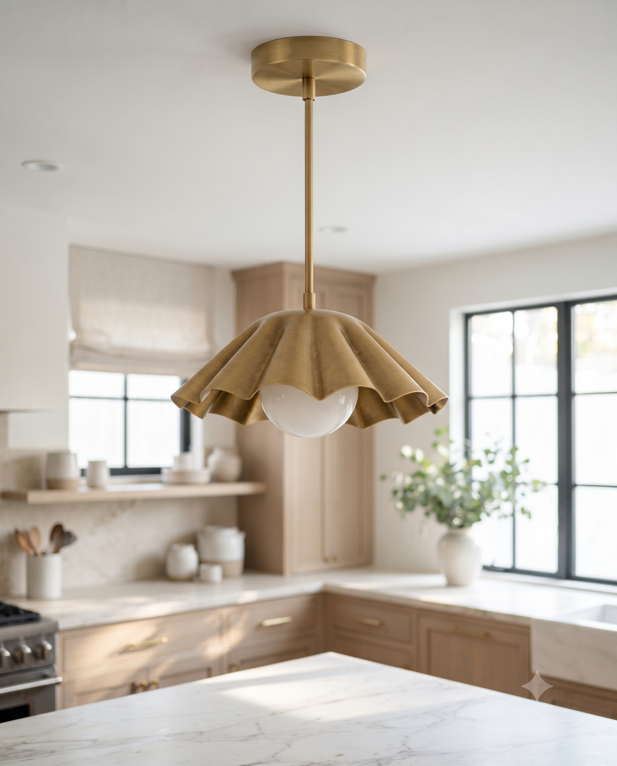 Brass Scalloped Pendant Light – Mid Century Modern Ceiling Fixture with Glass Globe