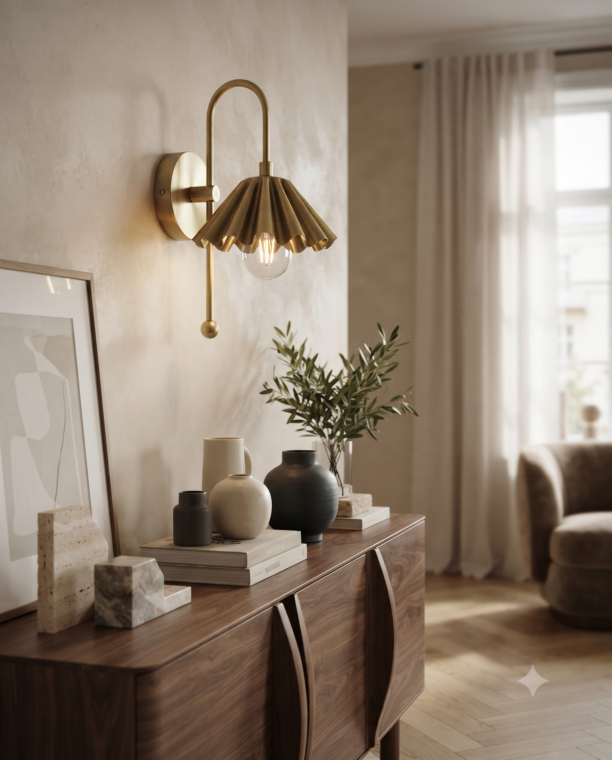 Brass Ruffled Wall Light Sconce – Mid Century Scalloped Wall Fixture