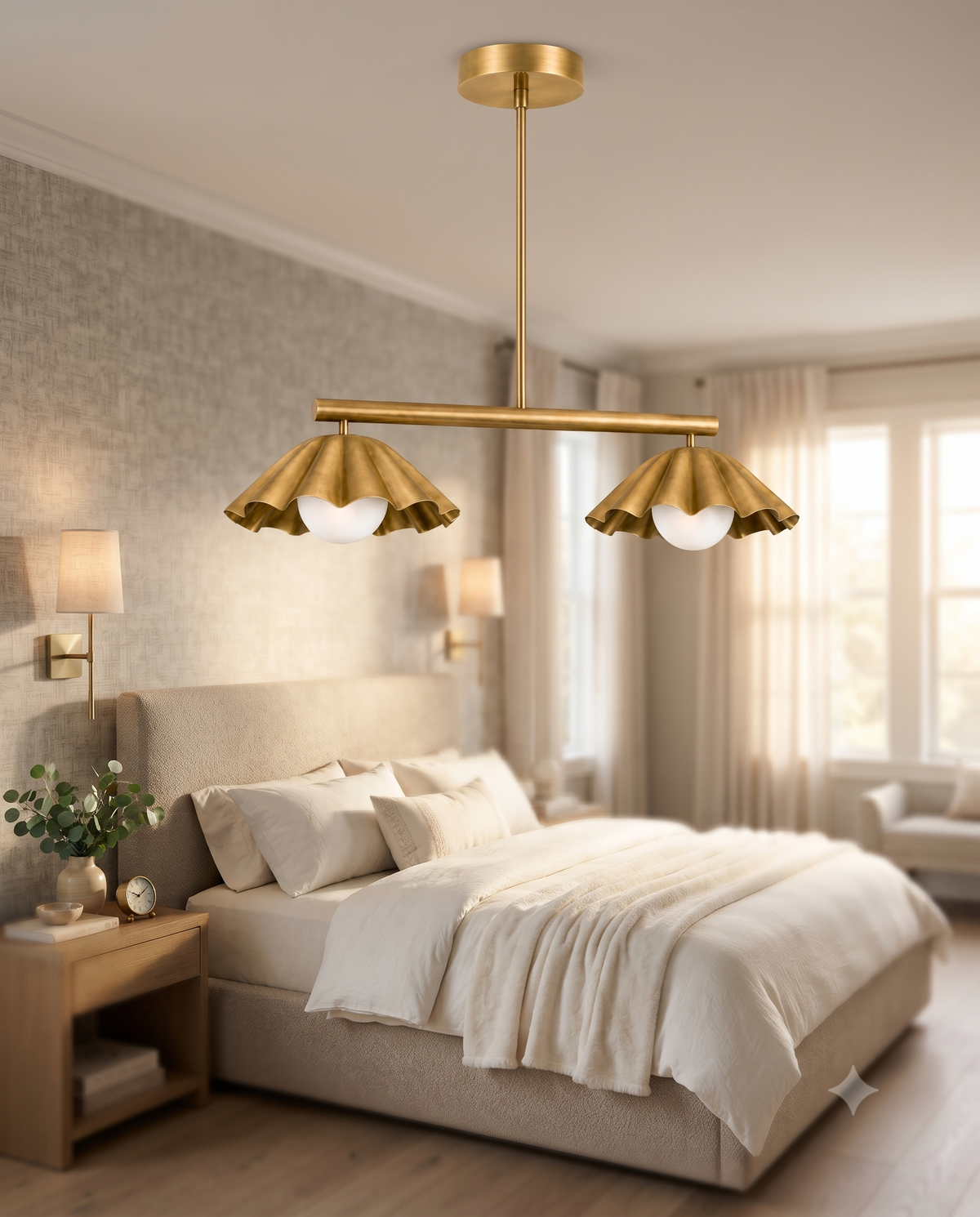 Scalloped Brass Linear Chandelier – Mid Century Modern 2-Light Pendant Fixture