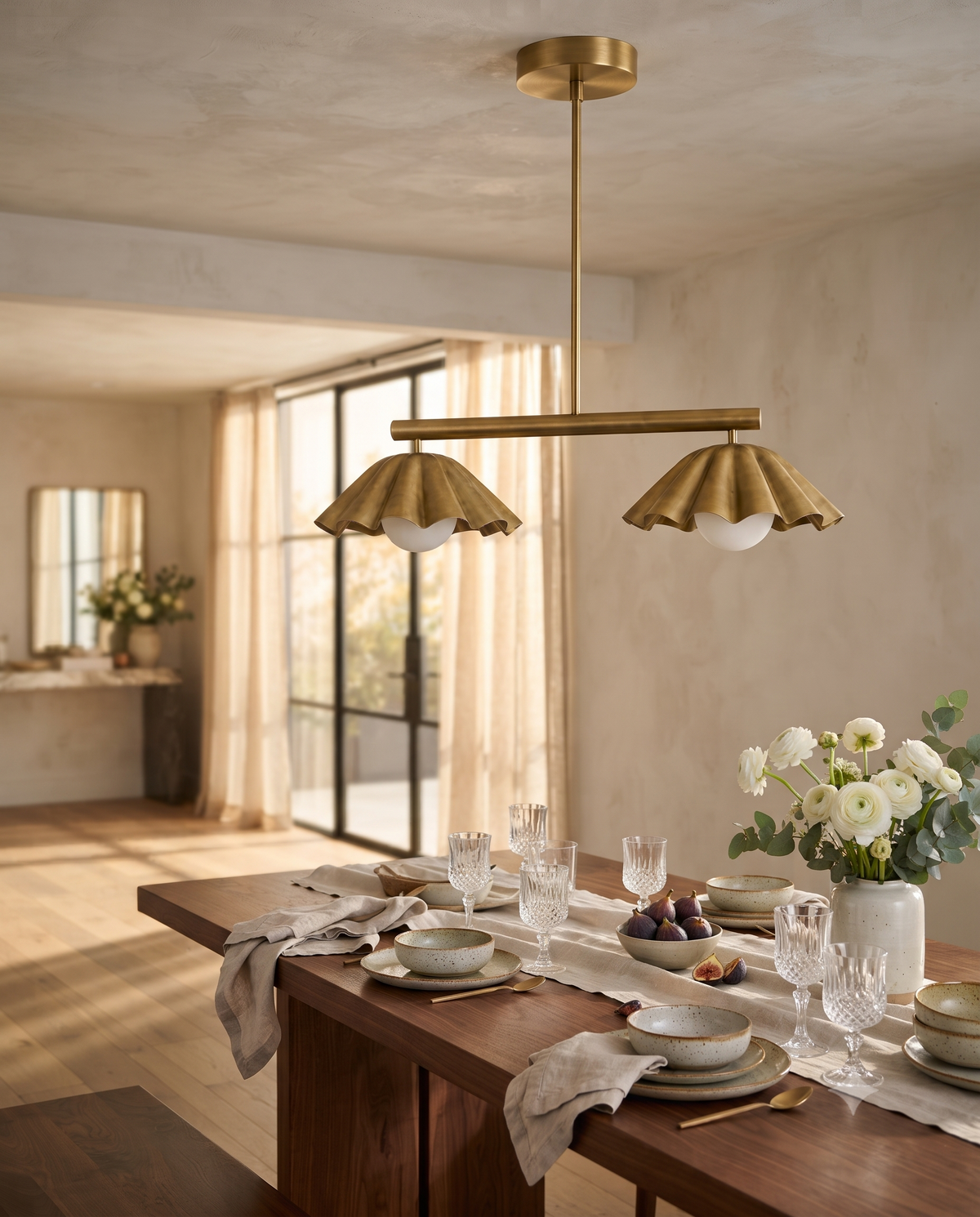 Scalloped Brass Linear Chandelier – Mid Century Modern 2-Light Pendant Fixture