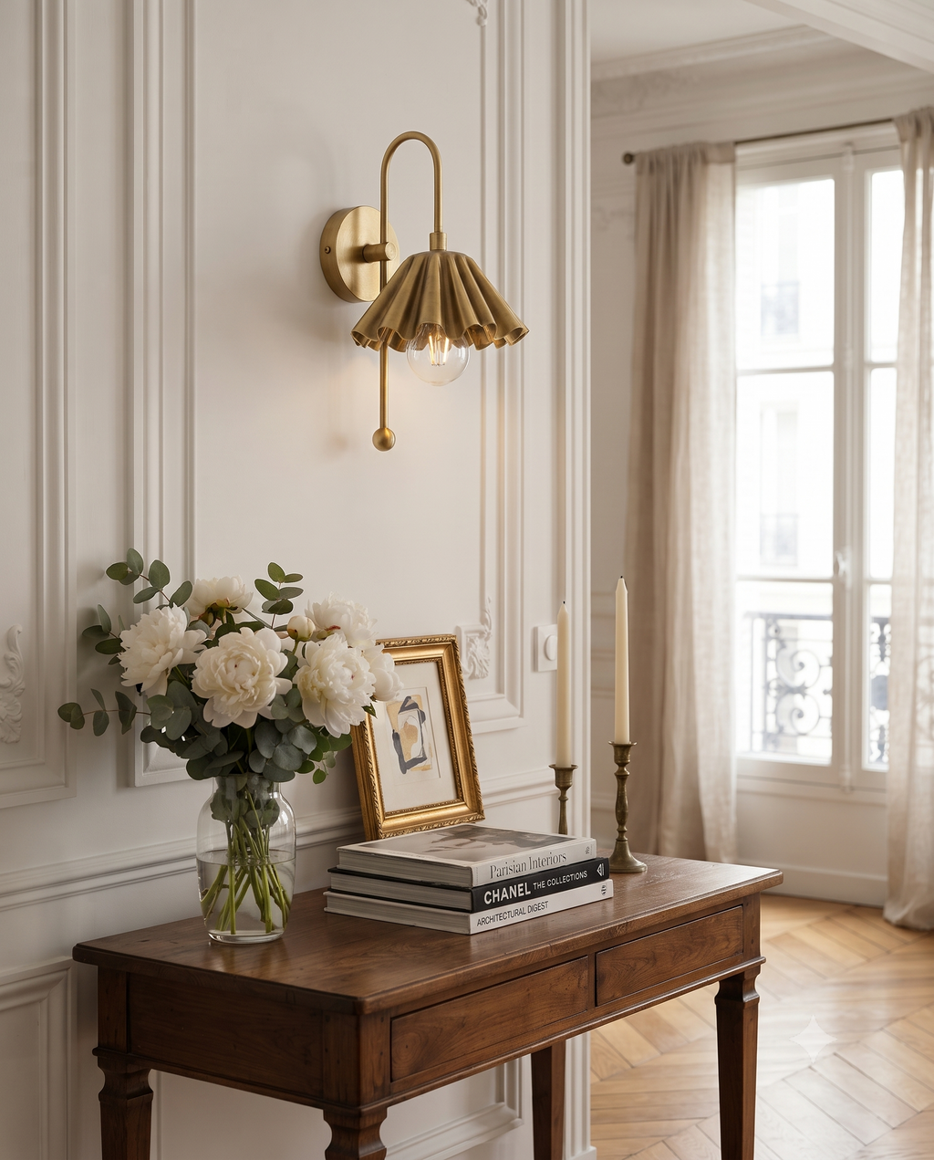 Brass Ruffled Wall Light Sconce – Mid Century Scalloped Wall Fixture
