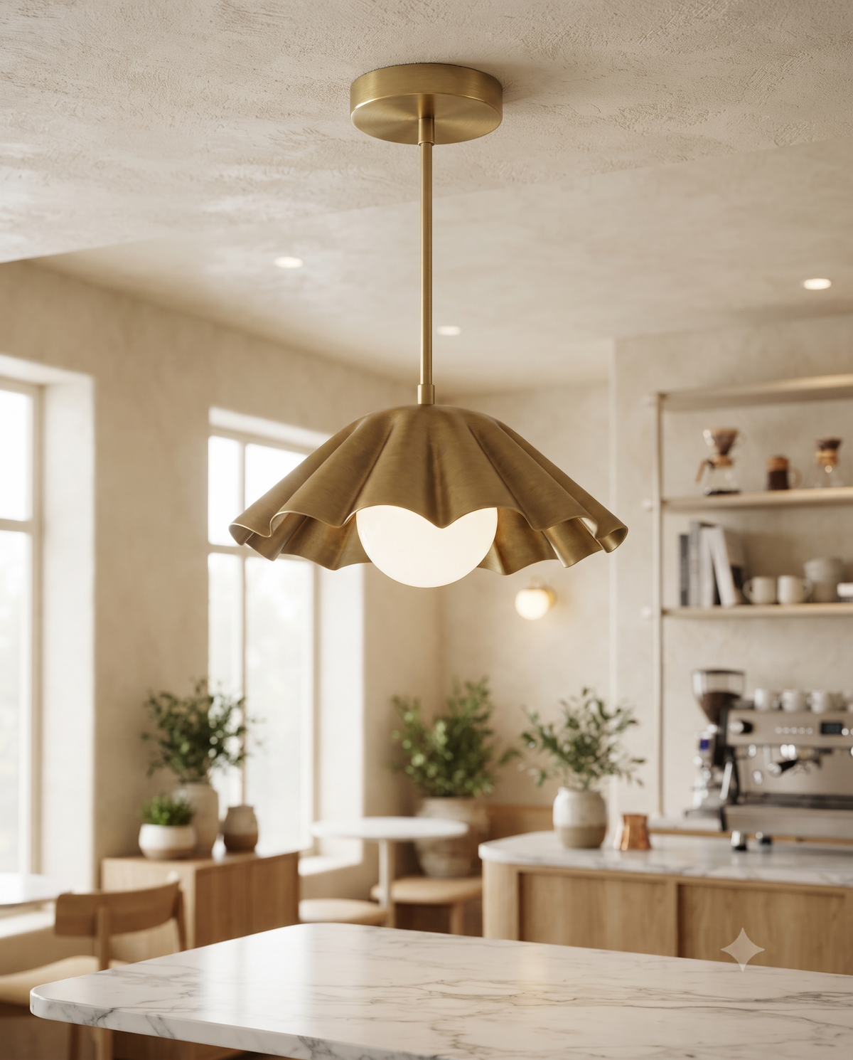 Brass Scalloped Pendant Light – Mid Century Modern Ceiling Fixture with Glass Globe