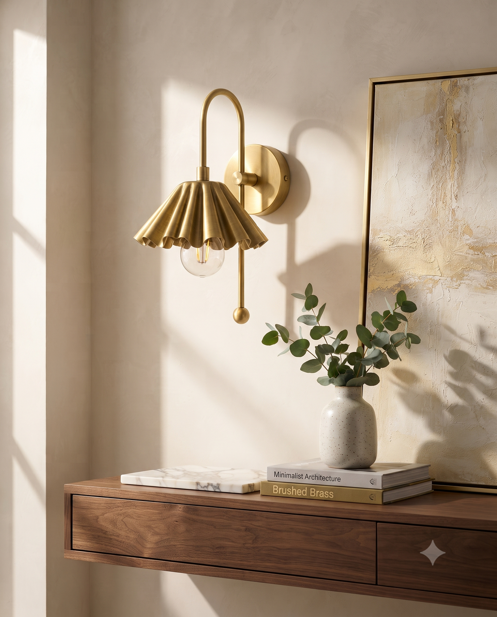 Brass Ruffled Wall Light Sconce – Mid Century Scalloped Wall Fixture