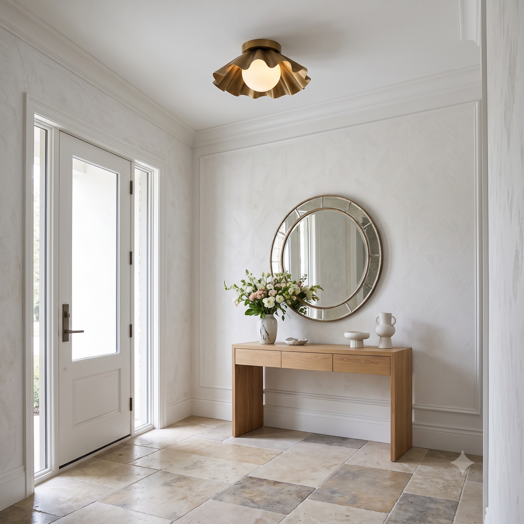 Modern Scalloped Flush Mount Ceiling Light – Antique Brass Finish with Frosted Glass Globe | Mid-Century Modern Ceiling Fixture for Bedroom, Hallway & Kitchen