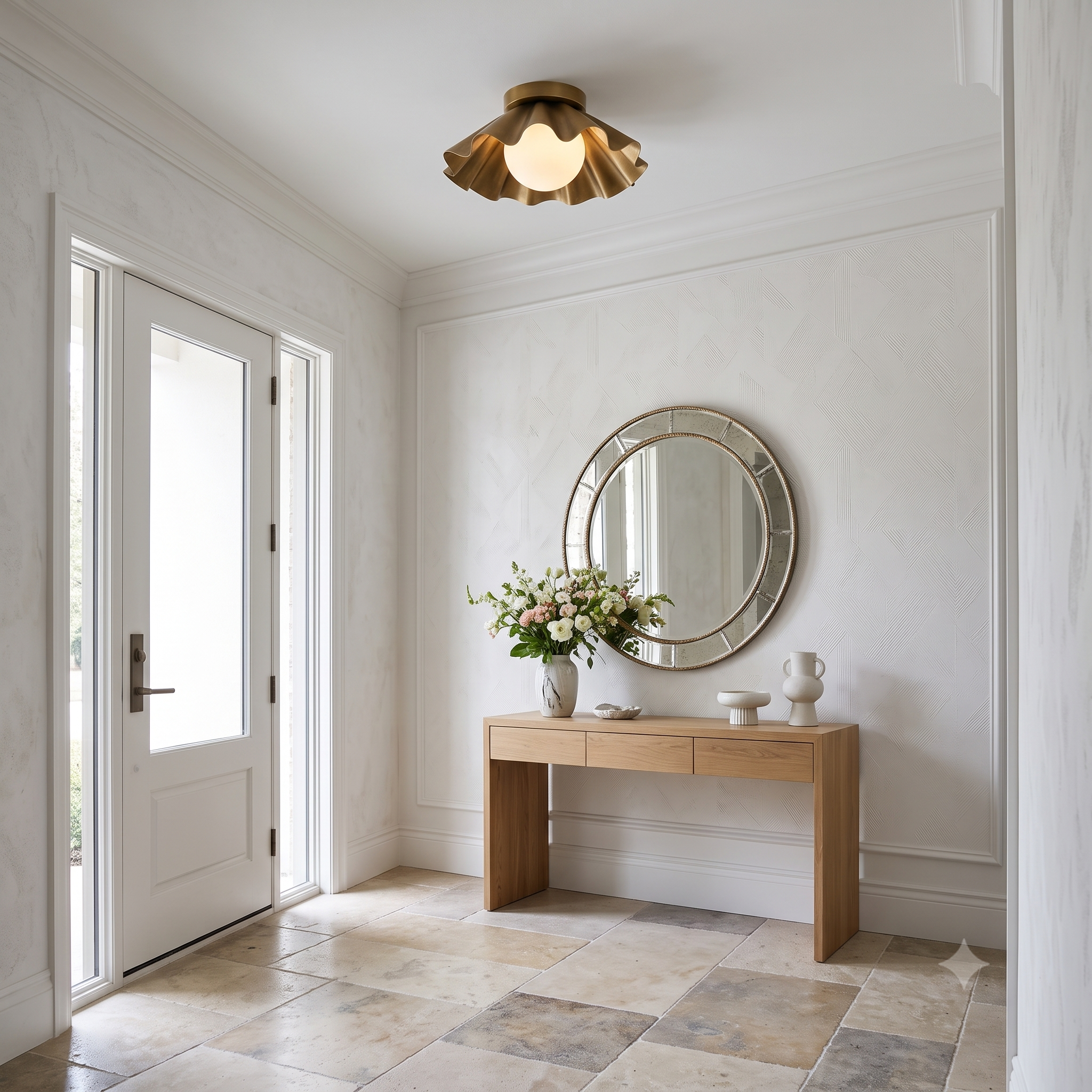 Modern Scalloped Flush Mount Ceiling Light – Antique Brass Finish with Frosted Glass Globe | Mid-Century Modern Ceiling Fixture for Bedroom, Hallway & Kitchen