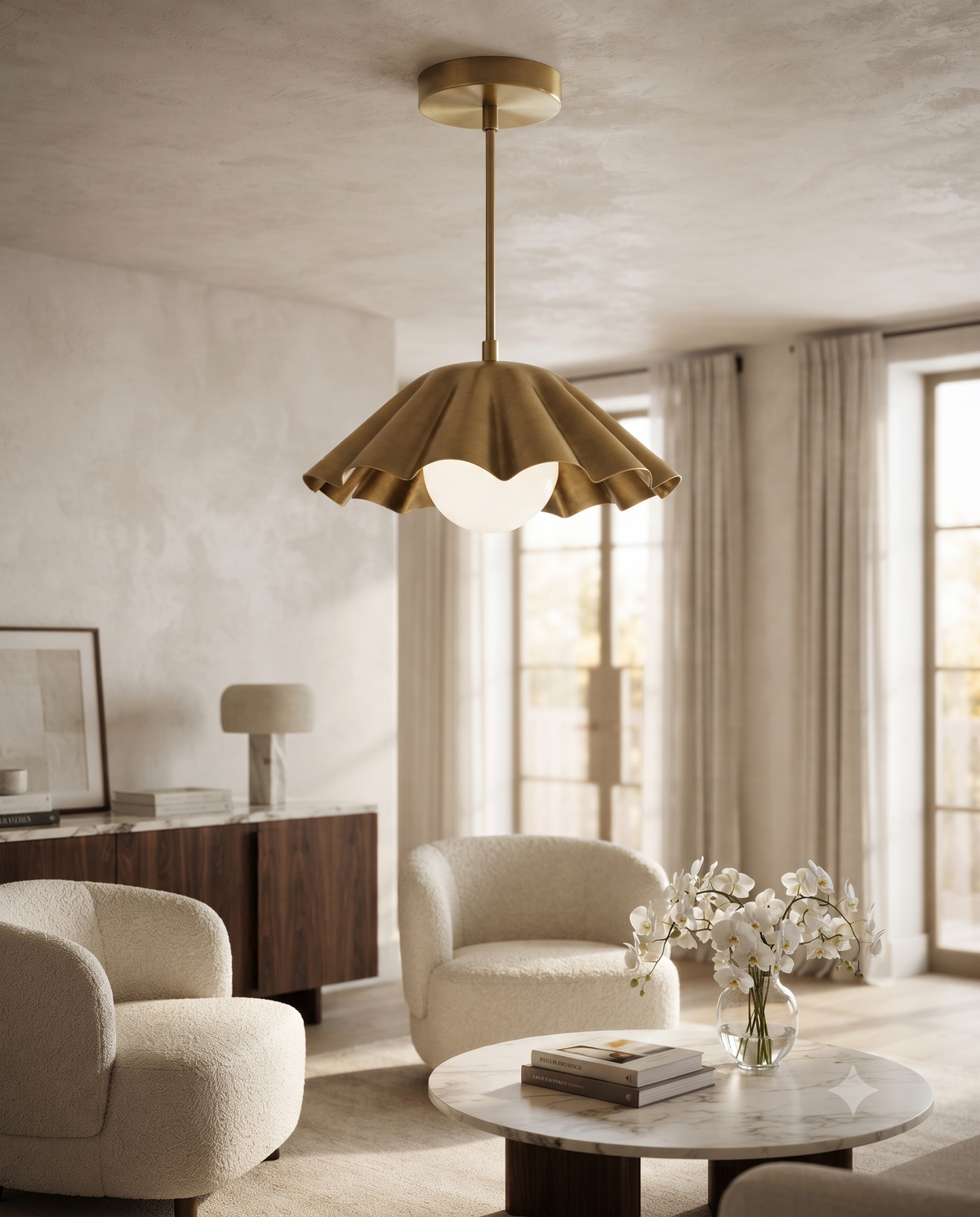 Brass Scalloped Pendant Light – Mid Century Modern Ceiling Fixture with Glass Globe