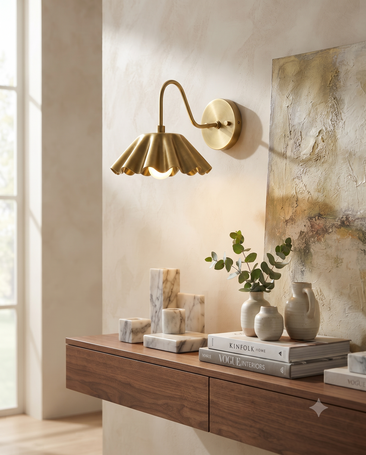 Brass Scalloped Wall Light Sconce – Mid Century Modern Fluted Wall Fixture