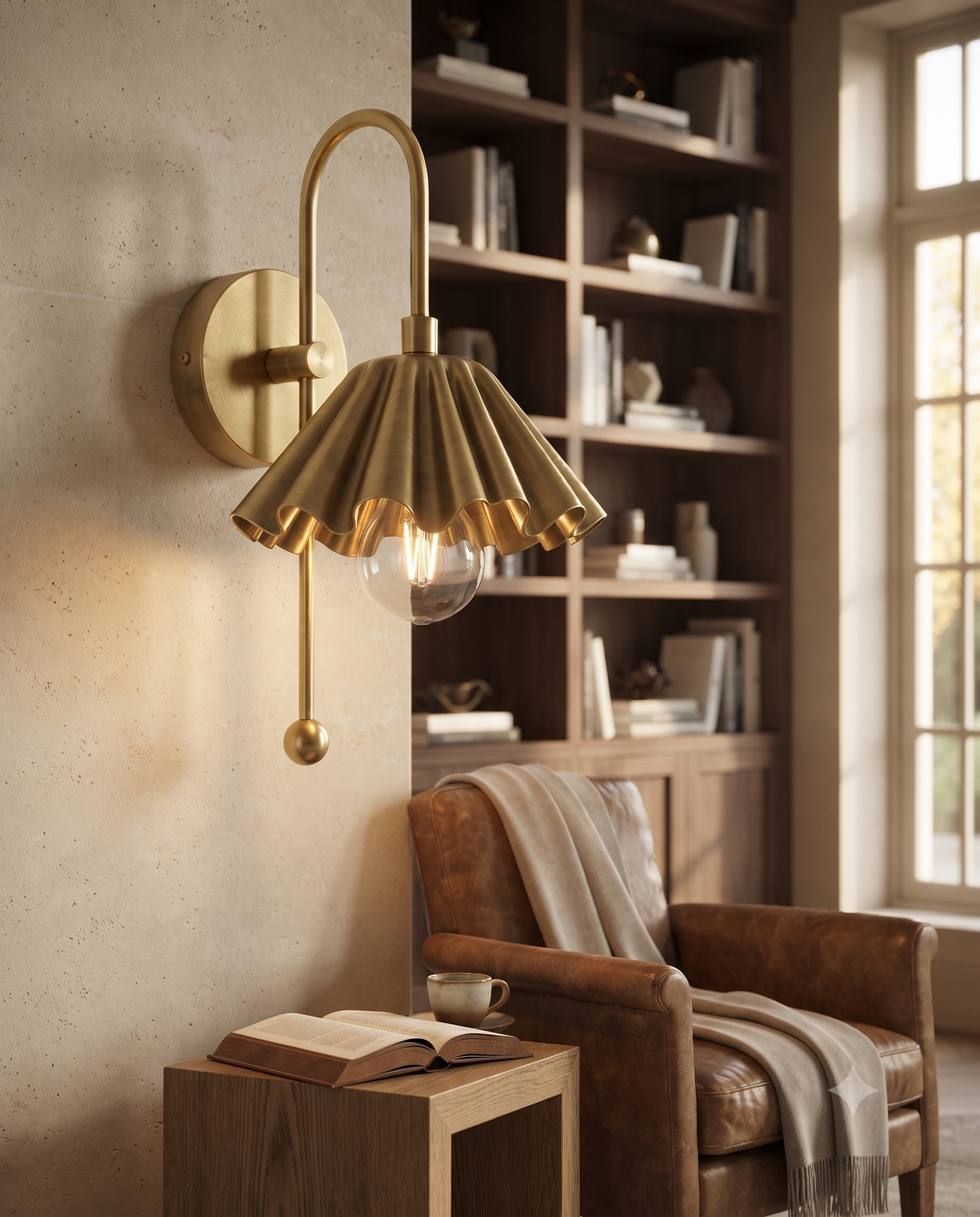Brass Ruffled Wall Light Sconce – Mid Century Scalloped Wall Fixture