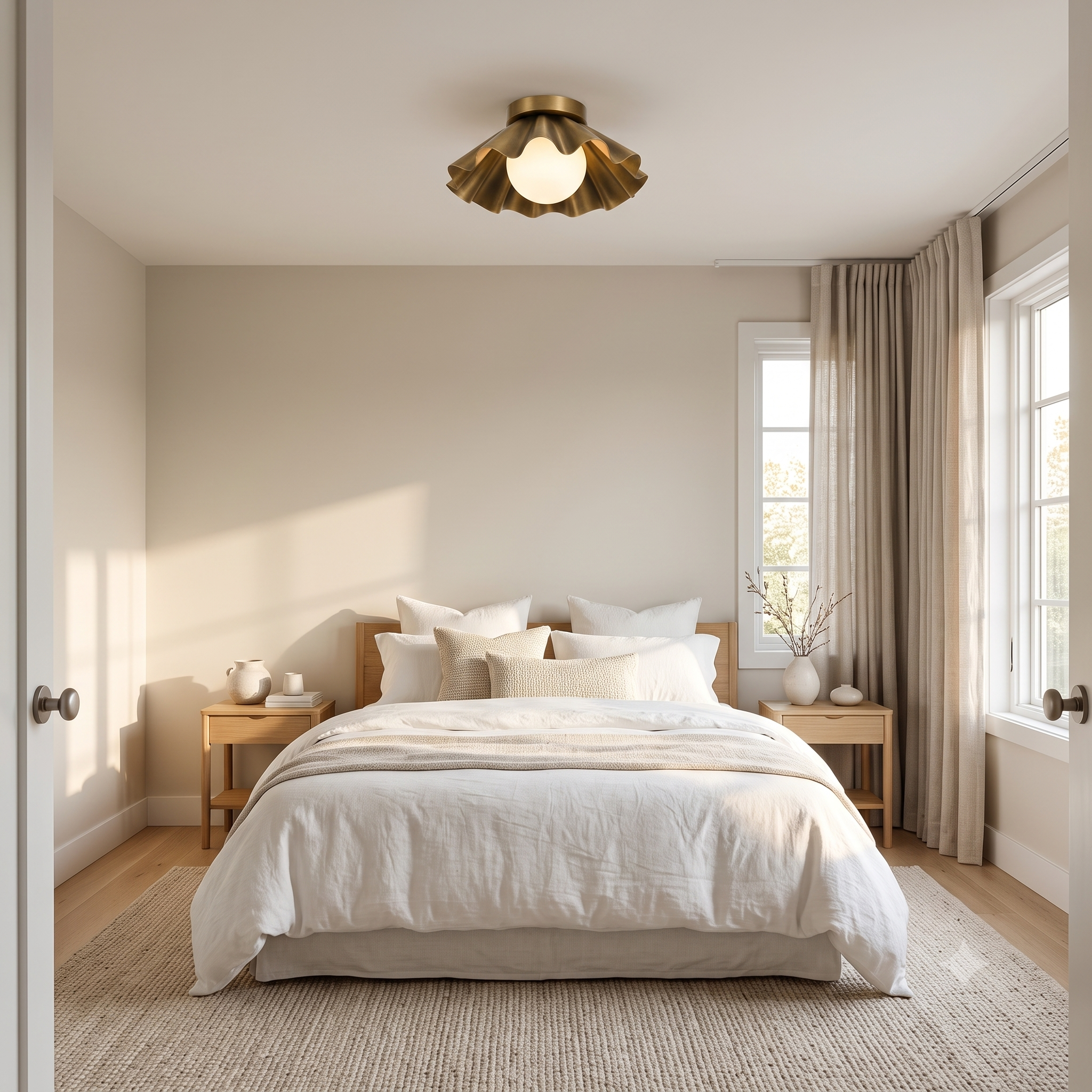 Modern Scalloped Flush Mount Ceiling Light – Antique Brass Finish with Frosted Glass Globe | Mid-Century Modern Ceiling Fixture for Bedroom, Hallway & Kitchen
