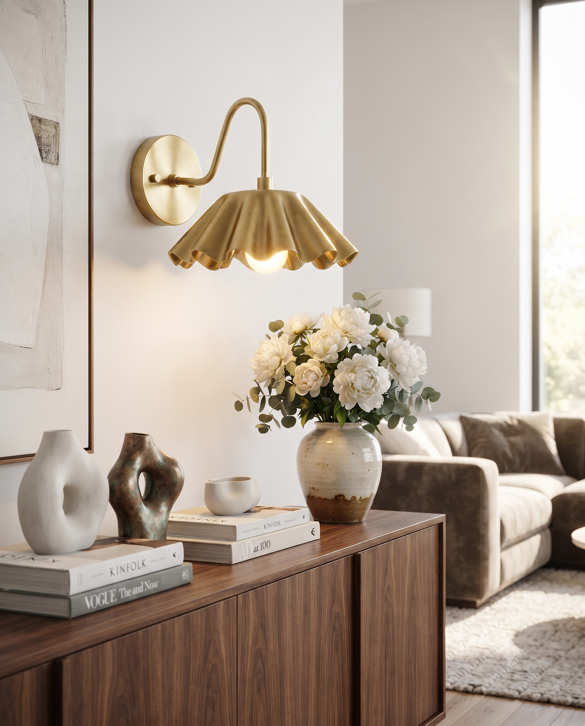 Brass Scalloped Wall Light Sconce – Mid Century Modern Fluted Wall Fixture