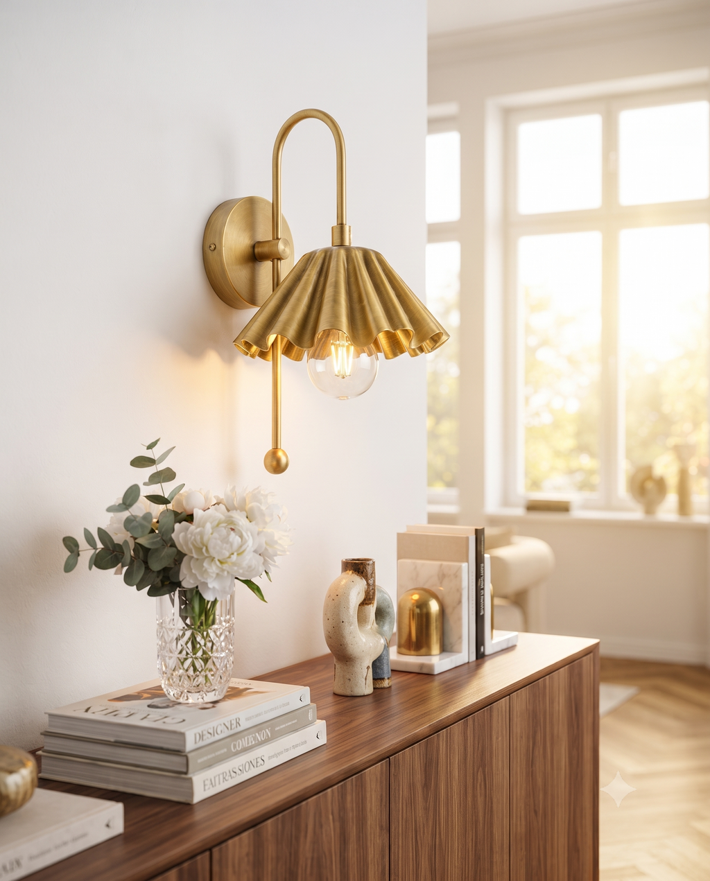 Brass Ruffled Wall Light Sconce – Mid Century Scalloped Wall Fixture