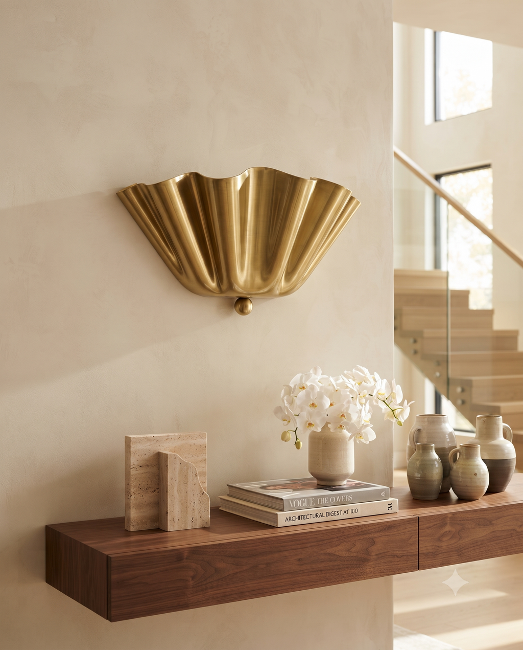 Brushed Brass Scalloped Wall Light – Vintage Mid Century Modern Sconce
