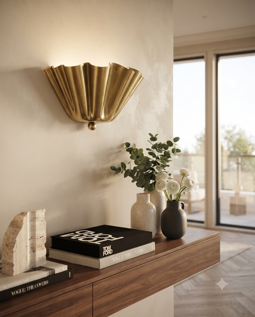 Brushed Brass Scalloped Wall Light – Vintage Mid Century Modern Sconce
