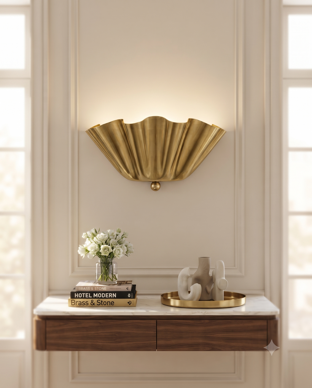 Brushed Brass Scalloped Wall Light – Vintage Mid Century Modern Sconce