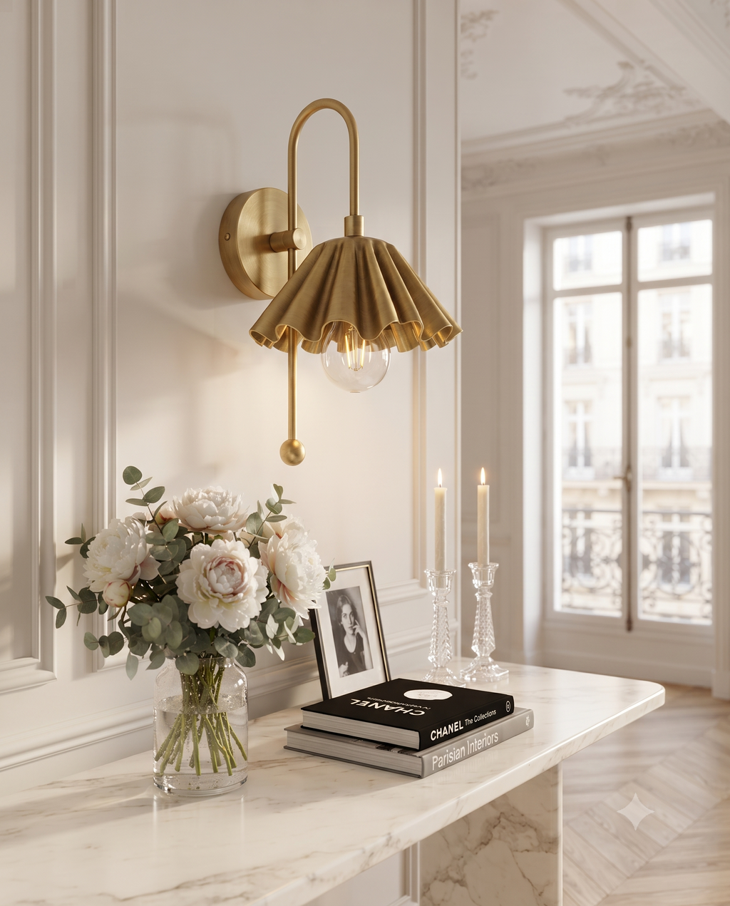 Brass Ruffled Wall Light Sconce – Mid Century Scalloped Wall Fixture